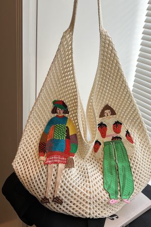 Women's Summer Cotton Woven Tote Bag, Niche Shoulder Underarm Commuting Bag, Lazy Style Hollow Straw Vacation Accessory