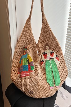 Women's Summer Cotton Woven Tote Bag, Niche Shoulder Underarm Commuting Bag, Lazy Style Hollow Straw Vacation Accessory