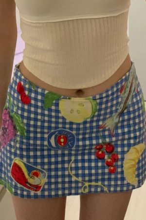 Women's Summer Fun Fruit Picnic Plaid Bodycon Mini Skirt - Low Waist Dopamine Girl Style for Trendy Vibes