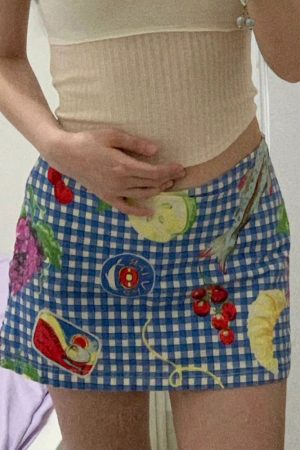Women's Summer Fun Fruit Picnic Plaid Bodycon Mini Skirt - Low Waist Dopamine Girl Style for Trendy Vibes