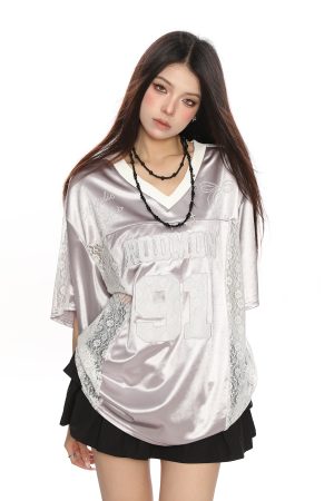 Women's Summer Jersey Style V-Neck Lace Spliced Short Sleeve T-Shirt - Loose Fit Sports Top for Casual Wear