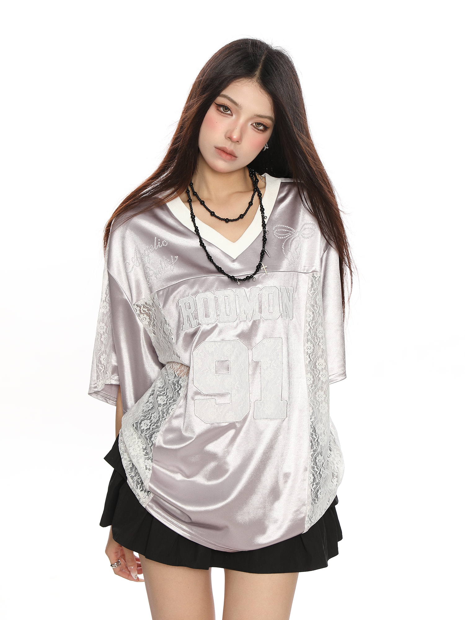 Women's Summer Jersey Style V-Neck Lace Spliced Short Sleeve T-Shirt - Loose Fit Sports Top for Casual Wear Women's Summer Jersey Style V-Neck Lace Spliced Short Sleeve T-Shirt - Loose Fit Sports Top for Casual Wear