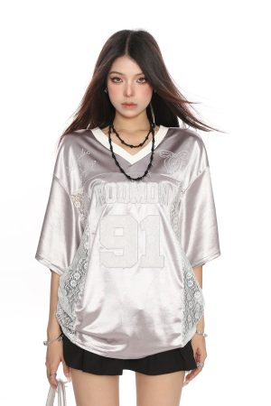 Women's Summer Jersey Style V-Neck Lace Spliced Short Sleeve T-Shirt - Loose Fit Sports Top for Casual Wear