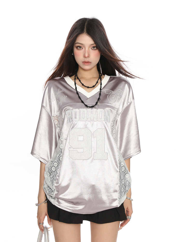 Women's Summer Jersey Style V-Neck Lace Spliced Short Sleeve T-Shirt - Loose Fit Sports Top for Casual Wear Women's Summer Jersey Style V-Neck Lace Spliced Short Sleeve T-Shirt - Loose Fit Sports Top for Casual Wear