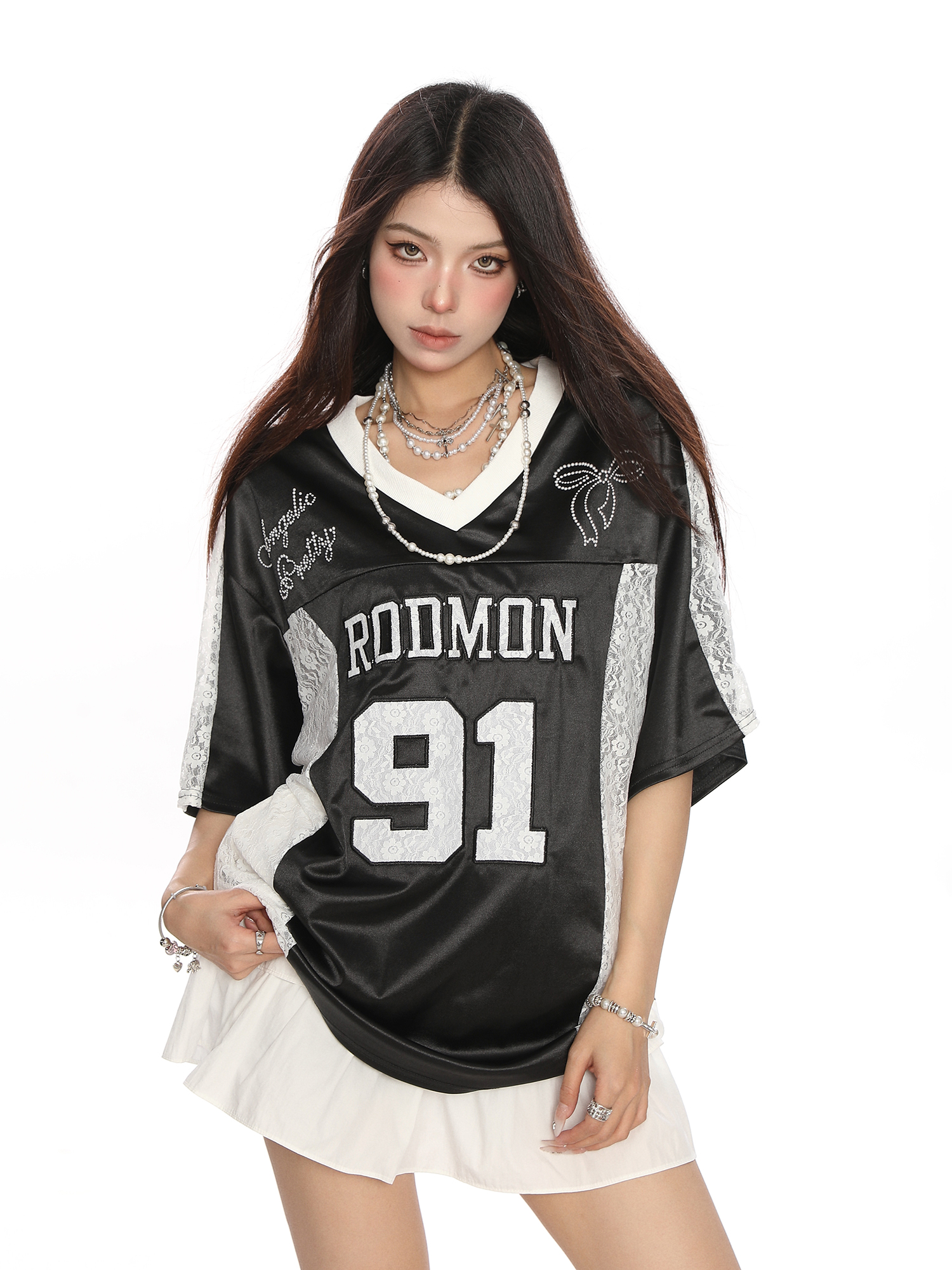 Women's Summer Jersey Style V-Neck Lace Spliced Short Sleeve T-Shirt - Loose Fit Sports Top for Casual Wear Women's Summer Jersey Style V-Neck Lace Spliced Short Sleeve T-Shirt - Loose Fit Sports Top for Casual Wear