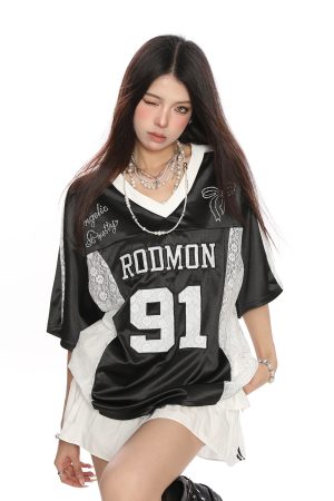 Women's Summer Jersey Style V-Neck Lace Spliced Short Sleeve T-Shirt - Loose Fit Sports Top for Casual Wear