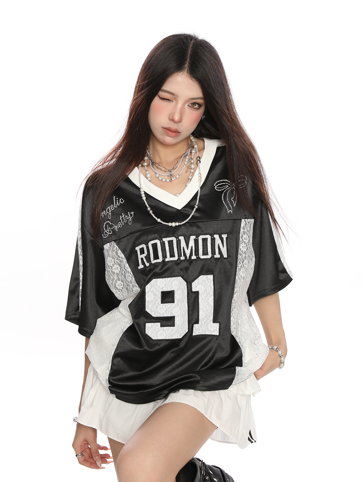 Women's Summer Jersey Style V-Neck Lace Spliced Short Sleeve T-Shirt - Loose Fit Sports Top for Casual Wear Women's Summer Jersey Style V-Neck Lace Spliced Short Sleeve T-Shirt - Loose Fit Sports Top for Casual Wear