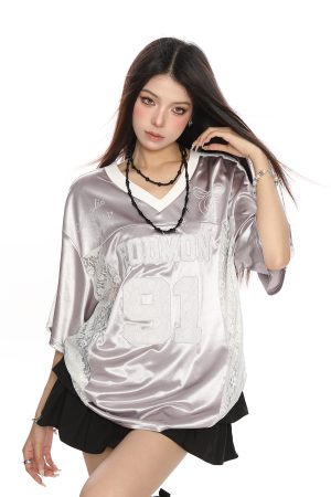 Women's Summer Jersey Style V-Neck Lace Spliced Short Sleeve T-Shirt - Loose Fit Sports Top for Casual Wear