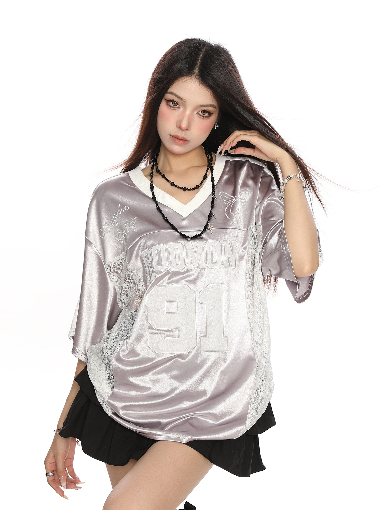 Women's Summer Jersey Style V-Neck Lace Spliced Short Sleeve T-Shirt - Loose Fit Sports Top for Casual Wear Women's Summer Jersey Style V-Neck Lace Spliced Short Sleeve T-Shirt - Loose Fit Sports Top for Casual Wear