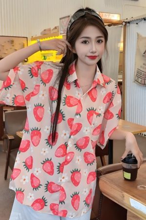 Women's Summer Loose Striped Floral Short Sleeve Shirt - Hawaiian Beach Style, Unique Print Top for Casual Wear
