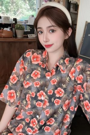Women's Summer Loose Striped Floral Short Sleeve Shirt - Hawaiian Beach Style, Unique Print Top for Casual Wear