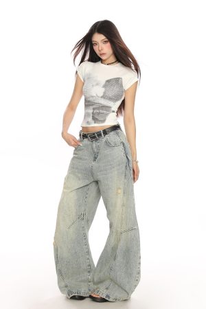 Women's Summer Slim Crop Top T-Shirt with Bear Print and Raglan Sleeves - Trendy American Style for a Chic Y2K Look