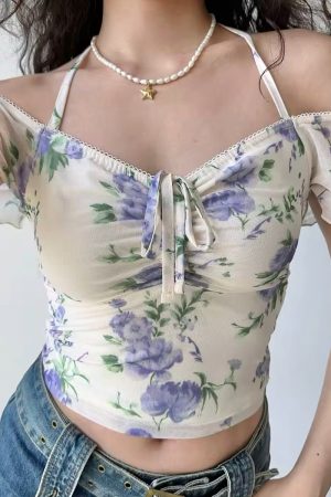 Womenâ€™s Summer Slim Fit Printed Mesh V-neck Short Sleeve T-shirt - European American Style, Casual Waist-Hanging Top