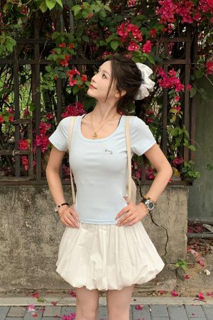 Women's Summer U-neck Kitty Cat Embroidered Short Sleeve T-shirt - Slimming Sweet Style for 2025, Cute 90s Vibe