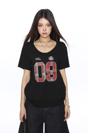 Women's V-Neck American Letter Embroidery Short Sleeve T-Shirt - Summer Loose Fit Casual Slimming Top in Y2K Style