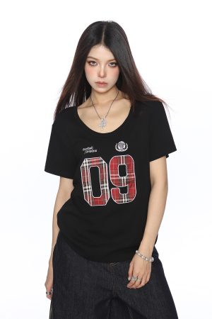 Women's V-Neck American Letter Embroidery Short Sleeve T-Shirt - Summer Loose Fit Casual Slimming Top in Y2K Style