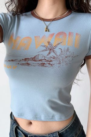 Women's Vintage Color Block Printed Slim Fit Round Neck Short Sleeve Crop Top - Trendy 90s Inspired T-Shirt