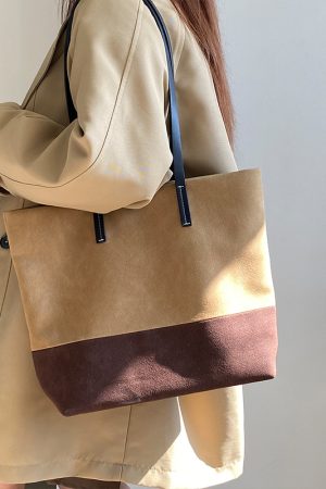 Women's Vintage Color Block Tote Bag - Large Capacity Shoulder Handbag for Commuting - Versatile Korean Style Fashion