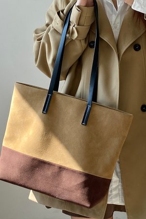Women's Vintage Color Block Tote Bag - Large Capacity Shoulder Handbag for Commuting - Versatile Korean Style Fashion