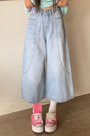 Women's Vintage Denim Wide-Leg Shorts - Loose Fit Eight-Point Style for Summer, Casual American Vintage Fashion