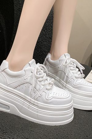 Women's White Thick-Soled Sneakers - Casual Platform Sport Shoes for Petite Height Increase - 2024 Spring/Summer Collection