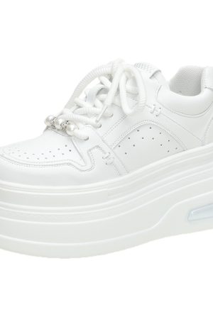 Women's White Thick-Soled Sneakers - Casual Platform Sport Shoes for Petite Height Increase - 2024 Spring/Summer Collection
