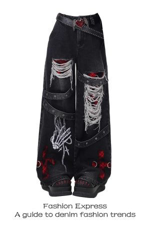 Women's Wide-Leg Ripped Jeans, Punk Retro Distressed Denim, 2025 Spring Autumn Fashion, Unique Niche Style