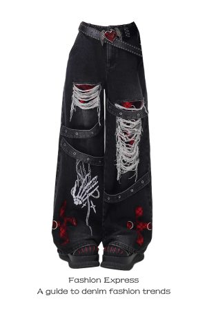 Women's Wide-Leg Ripped Jeans, Punk Retro Distressed Denim, 2025 Spring Autumn Fashion, Unique Niche Style