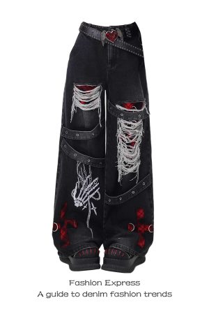 Women's Wide-Leg Ripped Jeans, Punk Retro Distressed Denim, 2025 Spring Autumn Fashion, Unique Niche Style