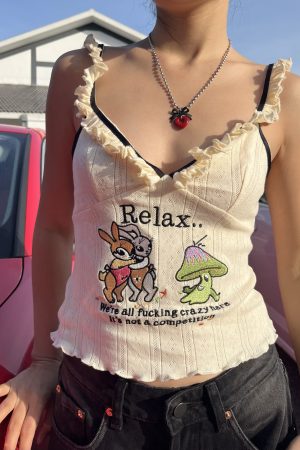 Wood Ear Edge Cartoon Embroidery Hot Girl Sling Top - Women's Summer Sexy Low-Cut Slim Crop Top for Y2K Fashion