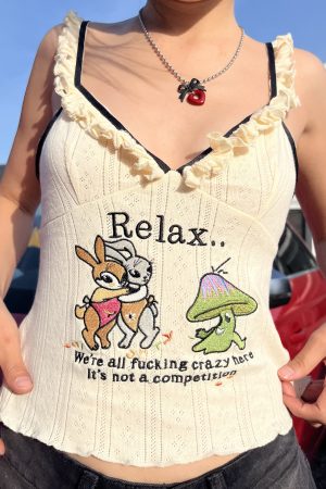 Wood Ear Edge Cartoon Embroidery Hot Girl Sling Top - Women's Summer Sexy Low-Cut Slim Crop Top for Y2K Fashion