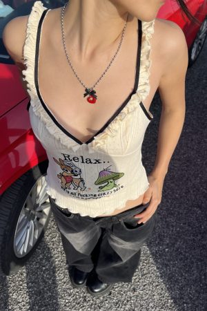 Wood Ear Edge Cartoon Embroidery Hot Girl Sling Top - Women's Summer Sexy Low-Cut Slim Crop Top for Y2K Fashion