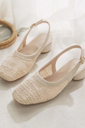 Woven Hollow Chunky Heel Evening Shoes - Sheepskin Closed-Toe Sandals for Women, Summer Fairy Style Flats Perfect with Skirts