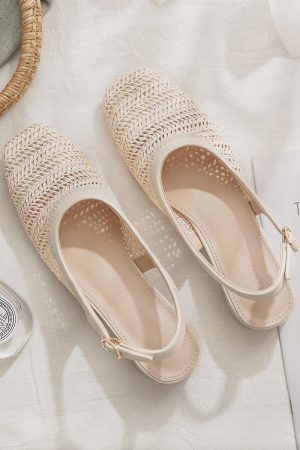 Woven Hollow Chunky Heel Evening Shoes - Sheepskin Closed-Toe Sandals for Women, Summer Fairy Style Flats Perfect with Skirts