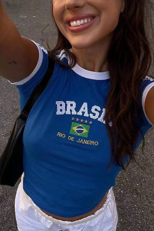 Y2K American Retro Embroidered Football Off-Shoulder Short Sleeve Crop Top for Women, Slim Fit Cropped Shirt Trend