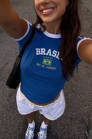 Y2K American Retro Embroidered Football Off-Shoulder Short Sleeve Crop Top for Women, Slim Fit Cropped Shirt Trend