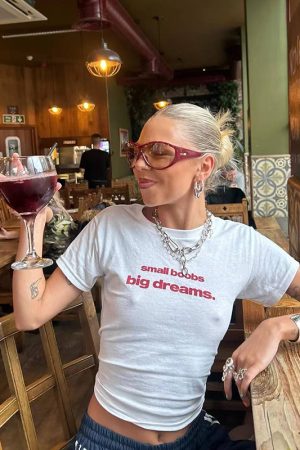 Y2K American Retro Letter Print Short Crop Short-Sleeve T-Shirt for Women, Off-Shoulder Slim Fit Sweet and Spicy Top