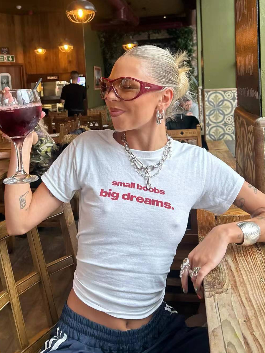 Y2K American Retro Letter Print Short Crop Short-Sleeve T-Shirt for Women, Off-Shoulder Slim Fit Sweet and Spicy Top Y2K American Retro Letter Print Short Crop Short-Sleeve T-Shirt for Women, Off-Shoulder Slim Fit Sweet and Spicy Top