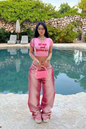 Y2K American Retro Pink Letter Crop Short Sleeve T-Shirt for Women, Slim Fit Shoulder-Baring Trendy Top