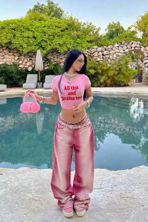 Y2K American Retro Pink Letter Crop Short Sleeve T-Shirt for Women, Slim Fit Shoulder-Baring Trendy Top