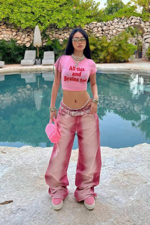 Y2K American Retro Pink Letter Crop Short Sleeve T-Shirt for Women, Slim Fit Shoulder-Baring Trendy Top