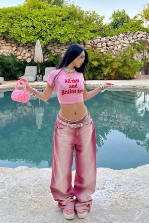 Y2K American Retro Pink Letter Crop Short Sleeve T-Shirt for Women, Slim Fit Shoulder-Baring Trendy Top