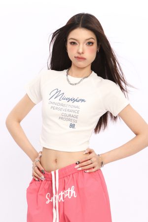 Y2K American Style Shoulder Crop Top for Women - Slim Fit, Short Sleeves, Waist Exposure, Summer Letter Design
