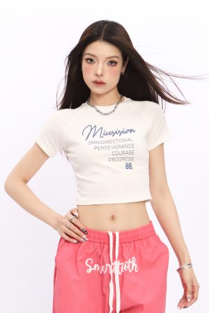 Y2K American Style Shoulder Crop Top for Women - Slim Fit, Short Sleeves, Waist Exposure, Summer Letter Design