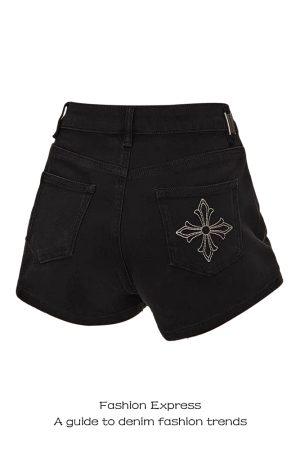 Y2K Black Denim Shorts for Women with Cross Flower Embroidery, Low-Waist Slim Fit Bodycon Hot Pants for Autumn/Winter 2025