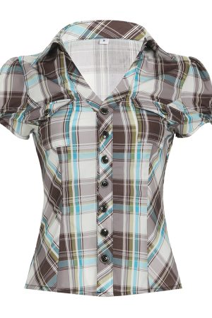 Y2K Blue and White Checkered Short-Sleeve Cropped Shirt for Women - Slimming Fit, Versatile Casual Top, Spicy Girl Style