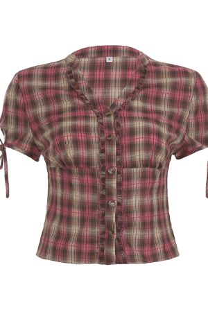 Y2K Blue and White Checkered Short-Sleeve Cropped Shirt for Women - Slimming Fit, Versatile Casual Top, Spicy Girl Style