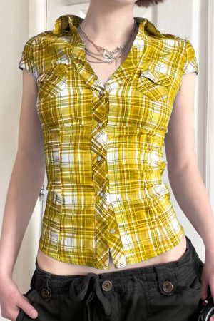 Y2K Blue and White Checkered Short-Sleeve Cropped Shirt for Women - Slimming Fit, Versatile Casual Top, Spicy Girl Style