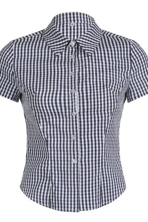 Y2K Blue and White Checkered Short-Sleeve Cropped Shirt for Women - Slimming Fit, Versatile Casual Top, Spicy Girl Style
