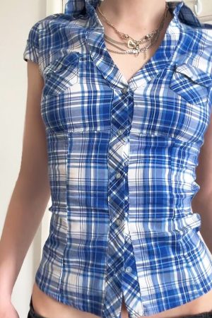 Y2K Blue and White Checkered Short-Sleeve Cropped Shirt for Women - Slimming Fit, Versatile Casual Top, Spicy Girl Style